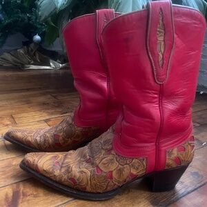 Vintage Italian Hand-Tooled Leather Western Boots – Red & Tan